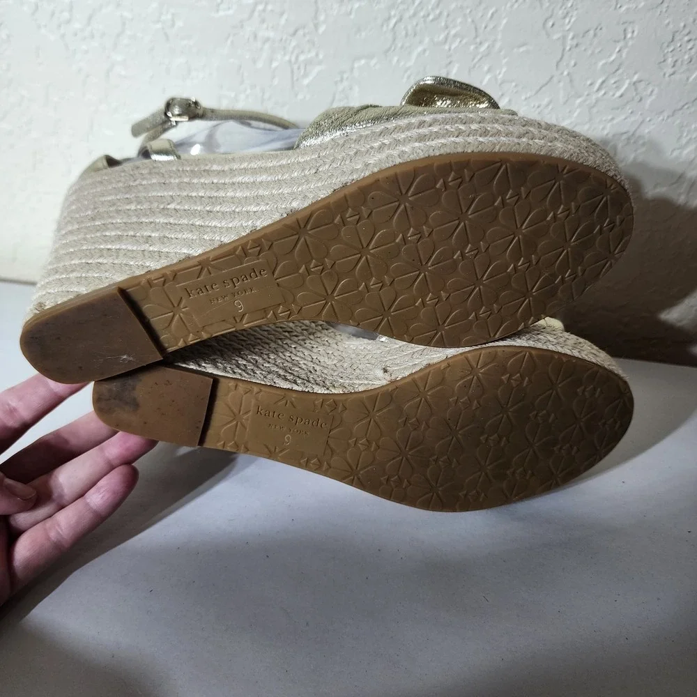 Kate Spade New York Gold Metallic Bow Espadrille Wedge Sandals Womens 9